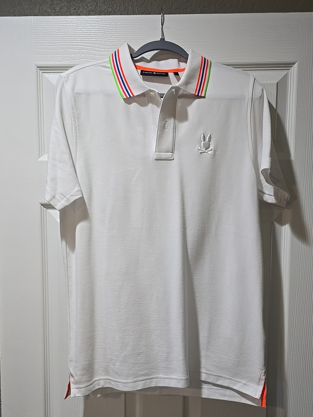 Psycho Bunny White Polo Short Sleeve Neon Striped Collar Size 4